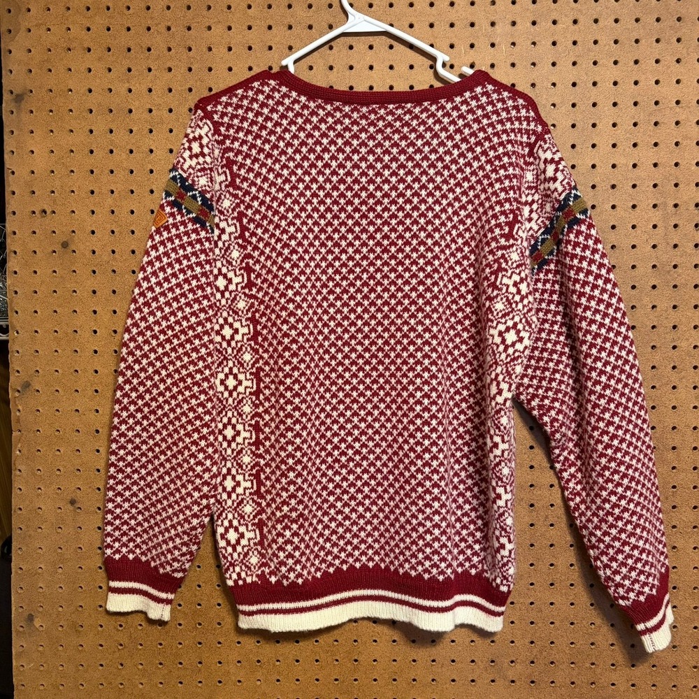 LL Bean Sweater XS Red Nordic Fair Isle Pewter Clasp Wool Pullover Oversized VTG - Picture 5 of 5